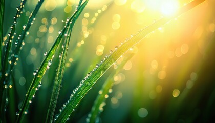 Poster - Dewdrops on Blades of Grass in Golden Sunlight