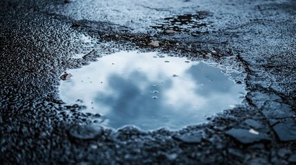 Poster - A Puddle Reflecting Clouds on a Dark Asphalt Surface