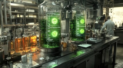 Aufkleber - Two Large Glass Vessels Containing Green Liquid and Glowing Particles in a Laboratory Setting
