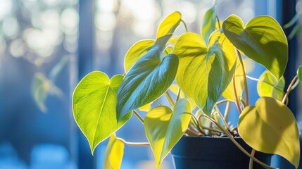 Poster - Green and Yellow Leaves of a Potted Plant in Front of a Window