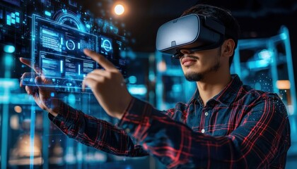 Poster - Man Wearing VR Headset Interacting with a Digital Interface
