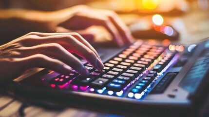 Aufkleber - Hands Typing on a Colorful Illuminated Keyboard