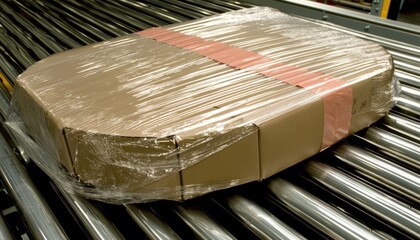 Poster - A Cardboard Box Wrapped in Plastic Moving Along a Conveyor Belt