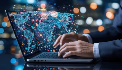 Aufkleber - Person Typing on Laptop with World Map and Network Connections
