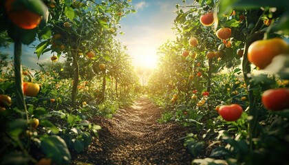 Poster - Sunlit Path Through Rows of Ripe Orange and Red Fruit on Trees