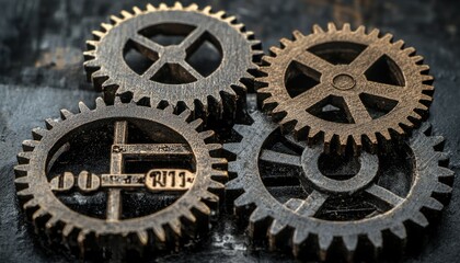 Poster - Close-up of Interlocking Cogwheels with Golden Highlights