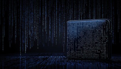Leinwandbilder - A Single Smartphone Screen Displaying a Matrix of Binary Code with Reflections of the Code on a Dark Surface