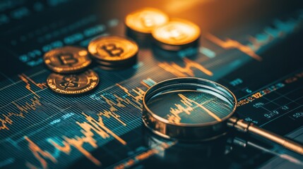 Poster - Gold Bitcoin Coins on a Financial Chart with a Magnifying Glass