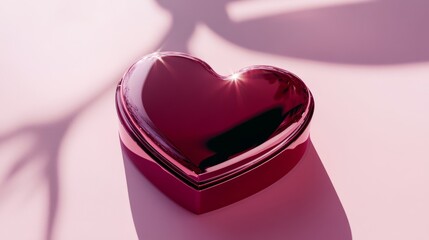 Wall Mural - studio shot of gift box in shape of heart of burgundy color on pink background in hard light 