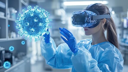 Aufkleber - Female Scientist in Protective Gear Interacting with a Holographic Coronavirus Model in a Virtual Reality Headset
