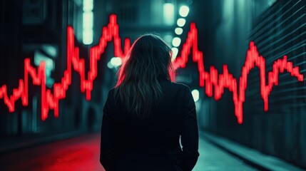 Leinwandbilder - A Woman Stands Silhouetted Against a Red Stock Market Chart in a City Alleyway at Night