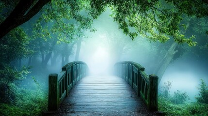 Poster - Wooden Bridge Leading Through a Foggy Forest