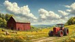 © AbdulRahmanUzair - Peaceful rural landscape featuring a classic red tractor beside a traditional barn amidst a vibrant green field, dotted with fluffy clouds and grazing sheep