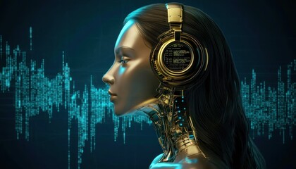 Leinwandbilder - Profile of a cyborg woman with golden headphones against a digital background