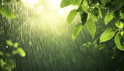 Leinwandbilder - Rain Showering Green Leaves with Sun Rays