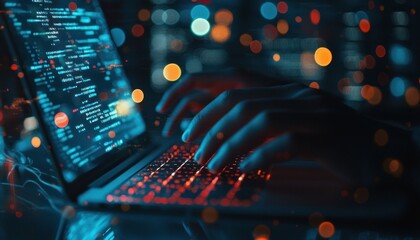 Aufkleber - Close-up of Hands Typing on Laptop Keyboard with Blurry Lights in Background