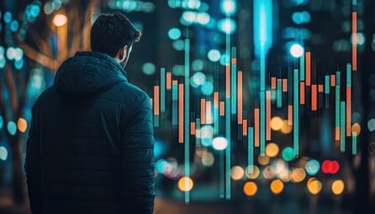 Aufkleber - A Man Stands Facing a Blurred Cityscape with Bokeh Lights and Data Lines