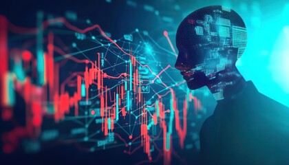 Fototapete - Digital Human Silhouette Overlaid on Abstract Data Visualization