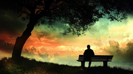 Poster - Solitary Figure Silhouetted Against a Dramatic Sunset Sky