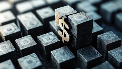 Poster - A gold dollar sign emerging from a stack of black cubes