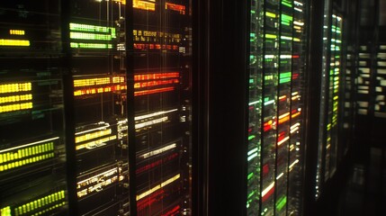 Poster - A close-up view of glowing lights on data server racks in a server room.