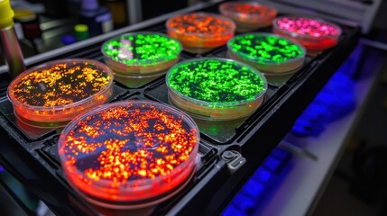 Poster - Petri dishes containing bacterial colonies under UV light
