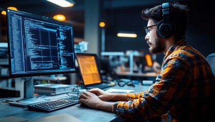 Poster - Bearded Programmer Working on Code at Night