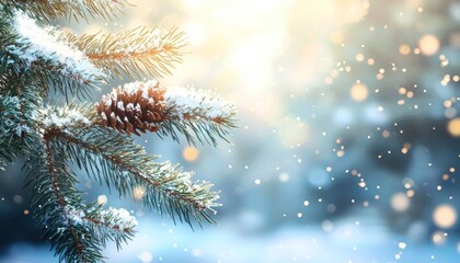Poster - Close-up of a Pine Branch with a Cone Covered in Snow and a Blurry Background