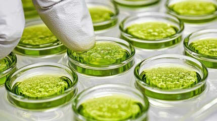 Aufkleber - Close-up of a gloved hand touching green liquid in petri dishes
