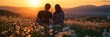 © creatfive - Couple silhouetted against sunset, sitting in a field of flowers. Romantic, peaceful, and serene.