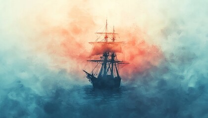 Poster - A Silhouetted Sailboat Navigating Through a Misty Sea