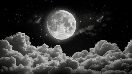 Wall Mural - a bright full moon illuminates fluffy clouds, creating a stunning night sky filled with stars.