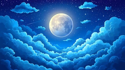 Wall Mural - the full moon glows over clouds, casting light in the night sky adorned with stars.