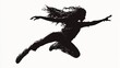 © Joachim - A high-energy silhouette of a dancer captured in mid-leap, showcasing strength and grace, with flowing hair and dynamic movement, in a monochrome style image.