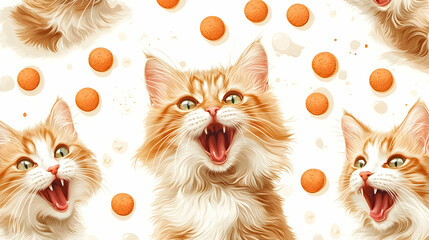 Wall Mural - Vibrant and Playful Cats with Open Mouths Surrounded by Chewy Treats in a Whimsical Pattern Reflecting Joy and Curiosity in Feline Companionship