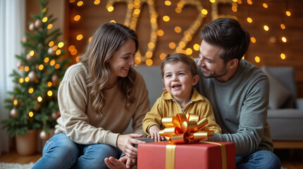 Wall Mural - happy child sitting with parents and big new year gift with big bow against new year interior background  and gold 2025 