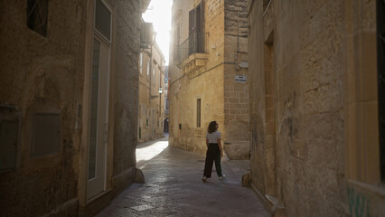 Wall Mural - A young hispanic woman walks through the narrow, sunlit streets of lecce, a historic town in puglia, italy, showcasing its beautiful stone architecture.