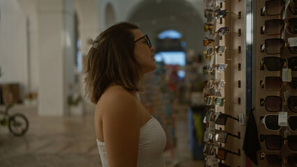 Wall Mural - Young hispanic woman browsing sunglasses in a store on the streets of gallipoli, puglia, italy, europe.