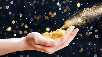 Poster - Hand with glitter sprinkling gold dust in a magical display of sparkle and light