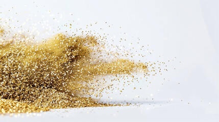 Poster - Glittering gold glitter sparkling dust explosion on white background creating a vibrant and festive atmosphere