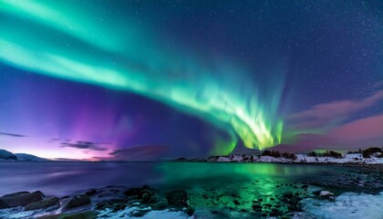 magical aurora borealis lights up the night sky over a tranquil lake.