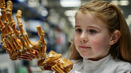 Aufkleber - A young girl focuses intently on a robotic hand, marveling at its design and intricate mechanics while participating in a technology workshop.