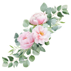  Green Vine Isolated on Transparent Background with Watercolor Eucalyptus Leaves and Soft Pink Peonies for Wedding Designs