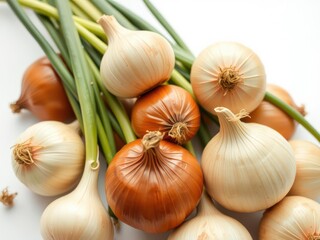 Wall Mural - Fresh bulbs of onion on a white background, perfect for cooking recipes and food-themed designs, bulbs, healthy, produce