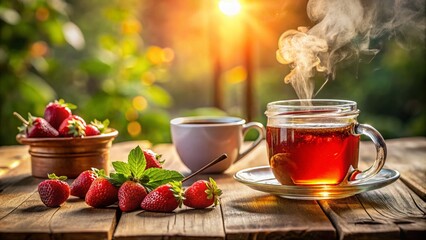 Wall Mural - A Cozy Scene of Hot Tea with Strawberry Jam in a Beautiful Setting, Perfect for Inviting Warmth and Comfort into Your Home - Ideal for Food and Beverage Photography