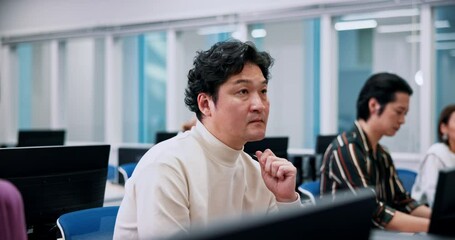 Poster - japanese people, students and computer science in lab for lesson, education and learning for degree.
