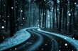 © top images - Serene snowfall on winding forest road at dusk