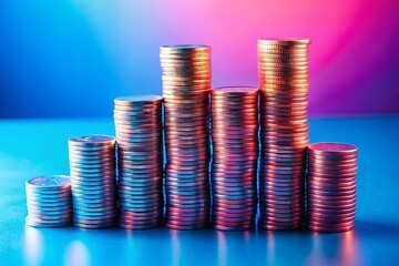 Wall Mural - Aerial View of a Stacked Coin Arrangement Against a Vibrant Pink and Blue Background, Showcasing Financial Growth and Investment Concepts in a Creative and Captivating Way