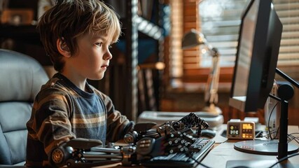 Aufkleber - A young boy focused on his computer, using robotic hands to interact with tech, surrounded by warm lighting and a comfortable workspace.