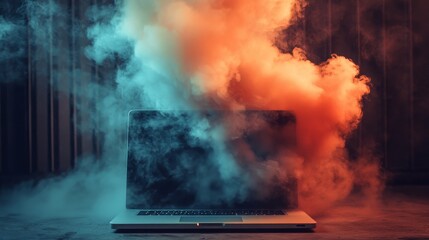 Wall Mural - an ai laptop rests in front of an orange and blue smoke cloud.